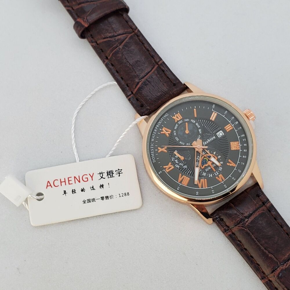 40MM Men's Watch Gold Case Black‎ Dial Brown Leather Bands Roman Numerals Date